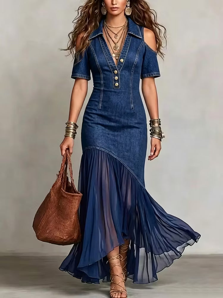 Presley - Rochie Maxi Din Denim cu Nasturi