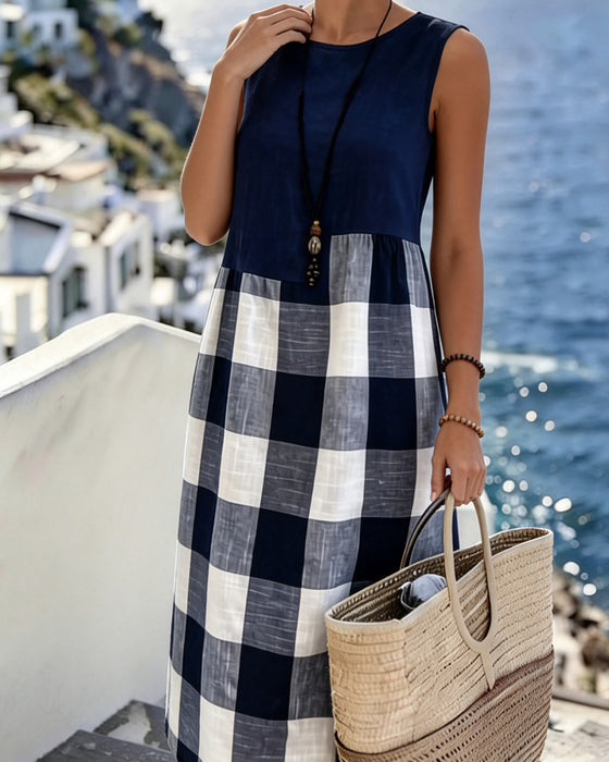 Suzina - Rochie Fără Mâneci în Stil Patchwork, Cu Imprimeu în Carouri