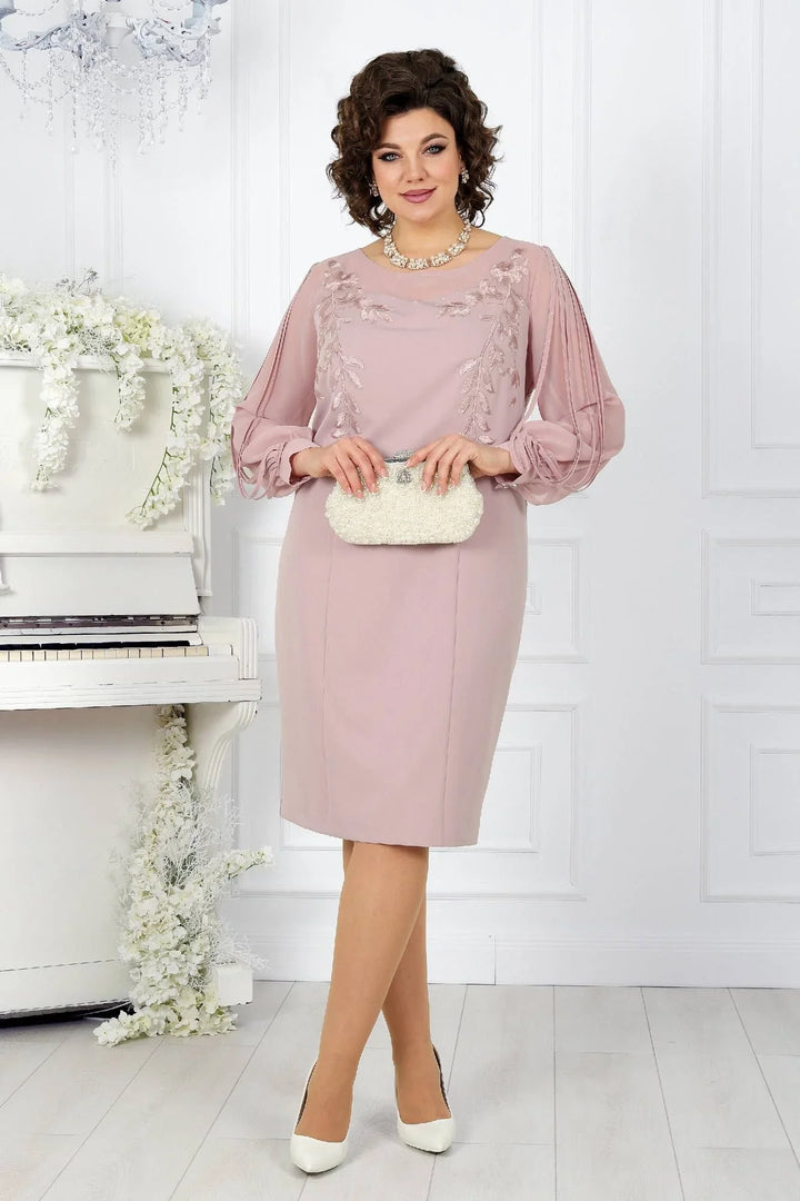Katreen - Rochie Elegantă Cu Mâneci Lungi Si Broderie Florală