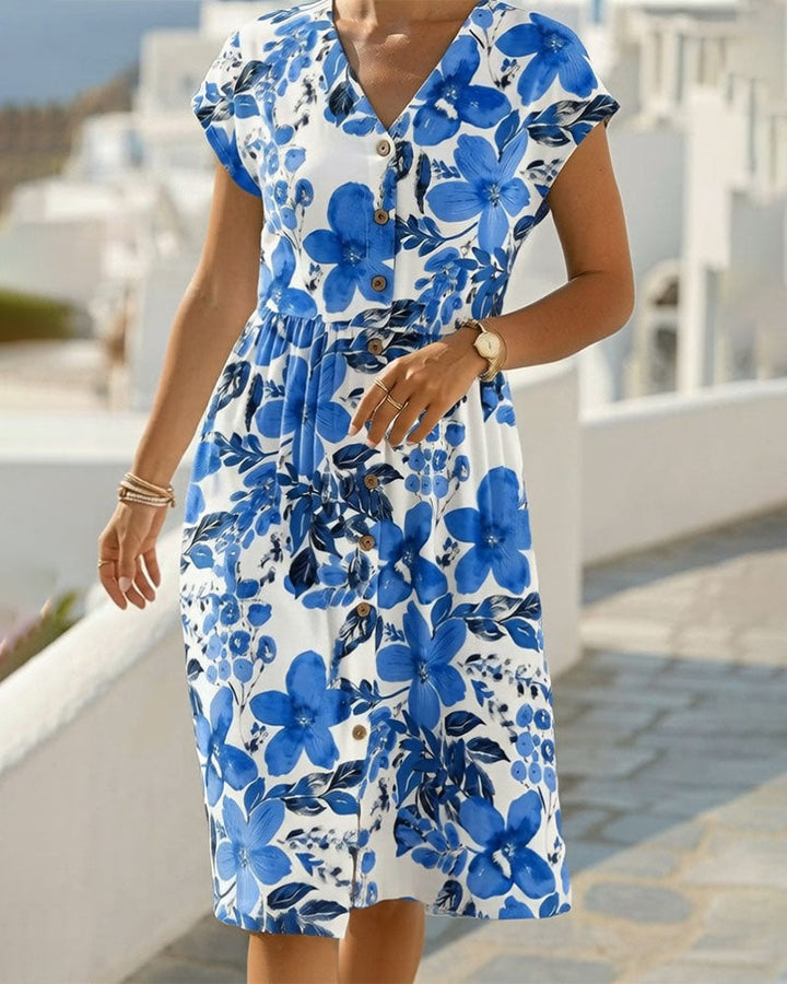 Sinera - Rochie Cu Imprimeu Floral și Mâneci Scurte