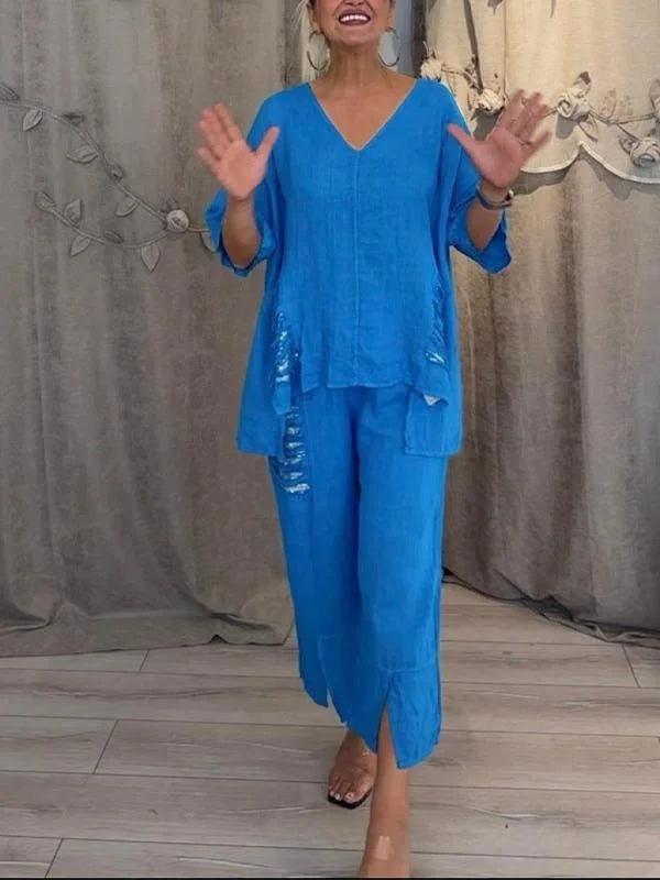 Himashi - Costum Elegant Din Două Piese Din Bumbac și In Cu Decolteu în V