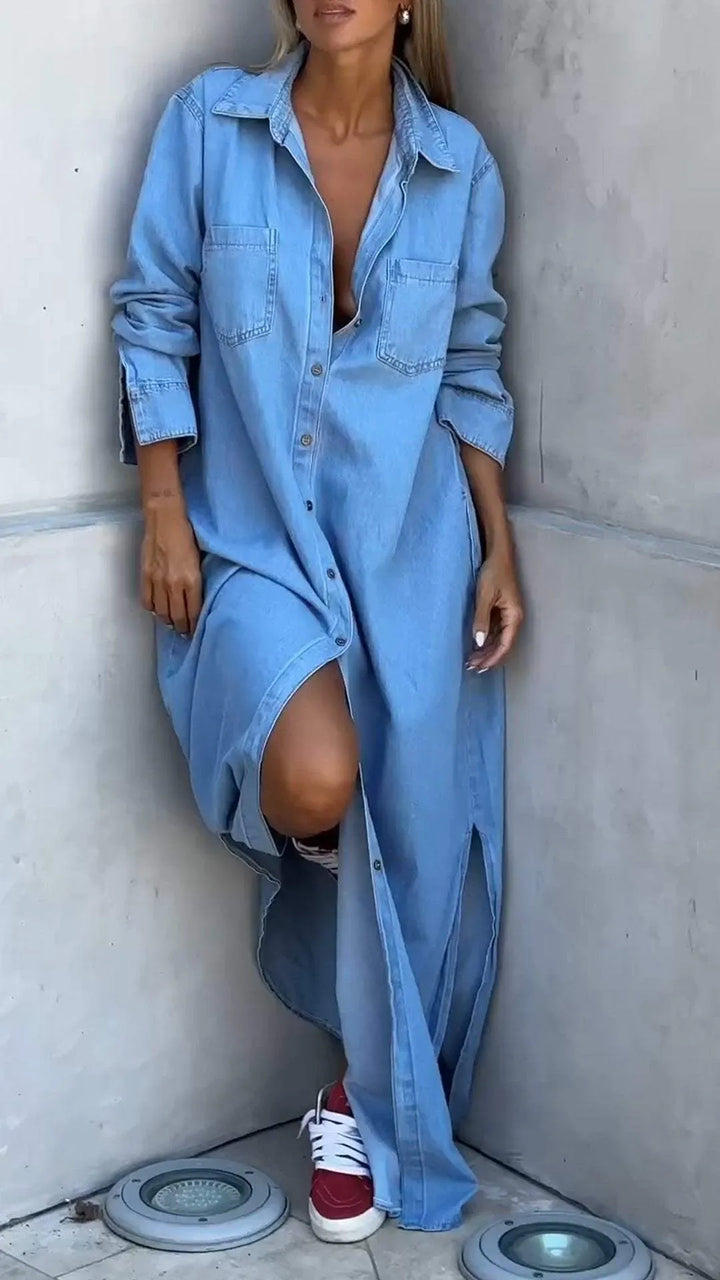 Chondona - Rochie Din Denim Cu Mâneci Lungi Și Revere