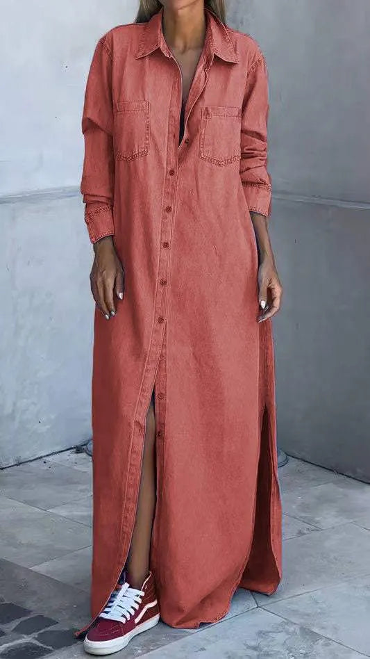 Chondona - Rochie Din Denim Cu Mâneci Lungi Și Revere