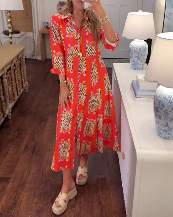 Sinney - Rochie Maxi Cu Imprimeu și mMâneci Lungi