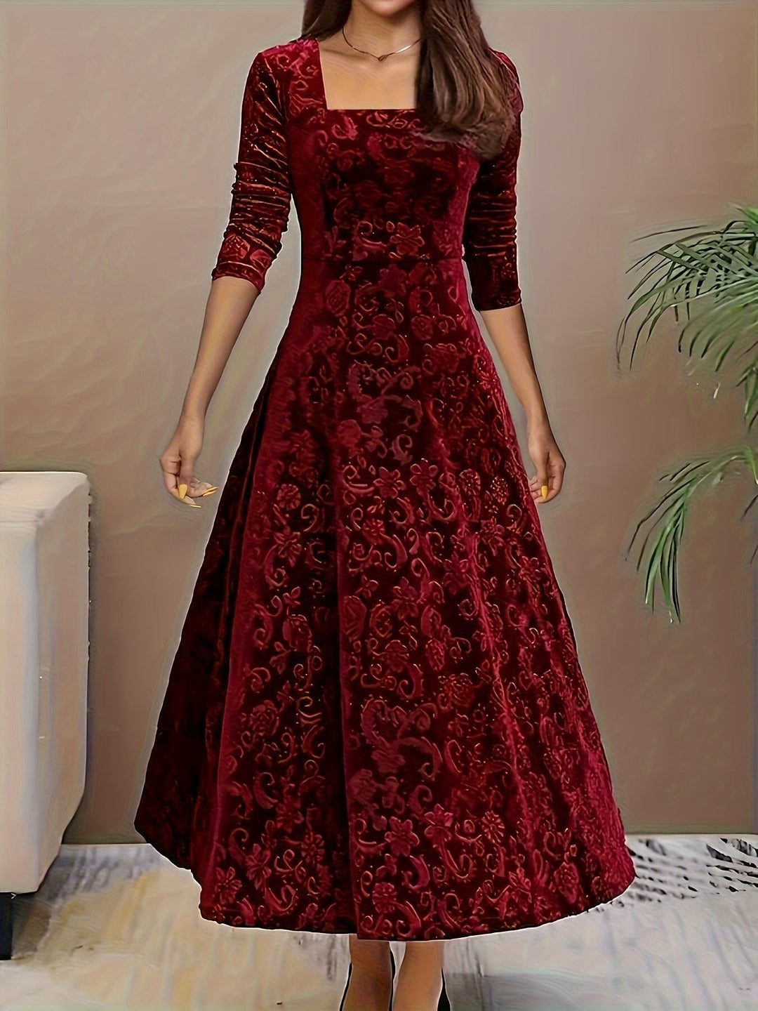 Otsuru - Rochie Elegantă Din Catifea cu Mâneci Lungi