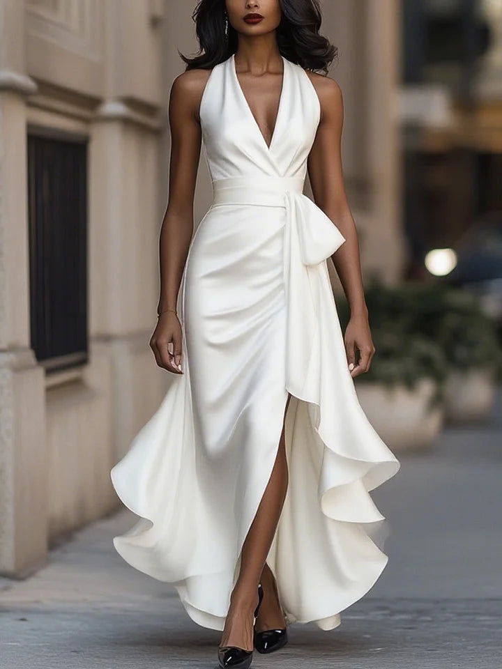 Sharipova - Rochie Elegantă Din Satin Fără Bretele Cu Volane