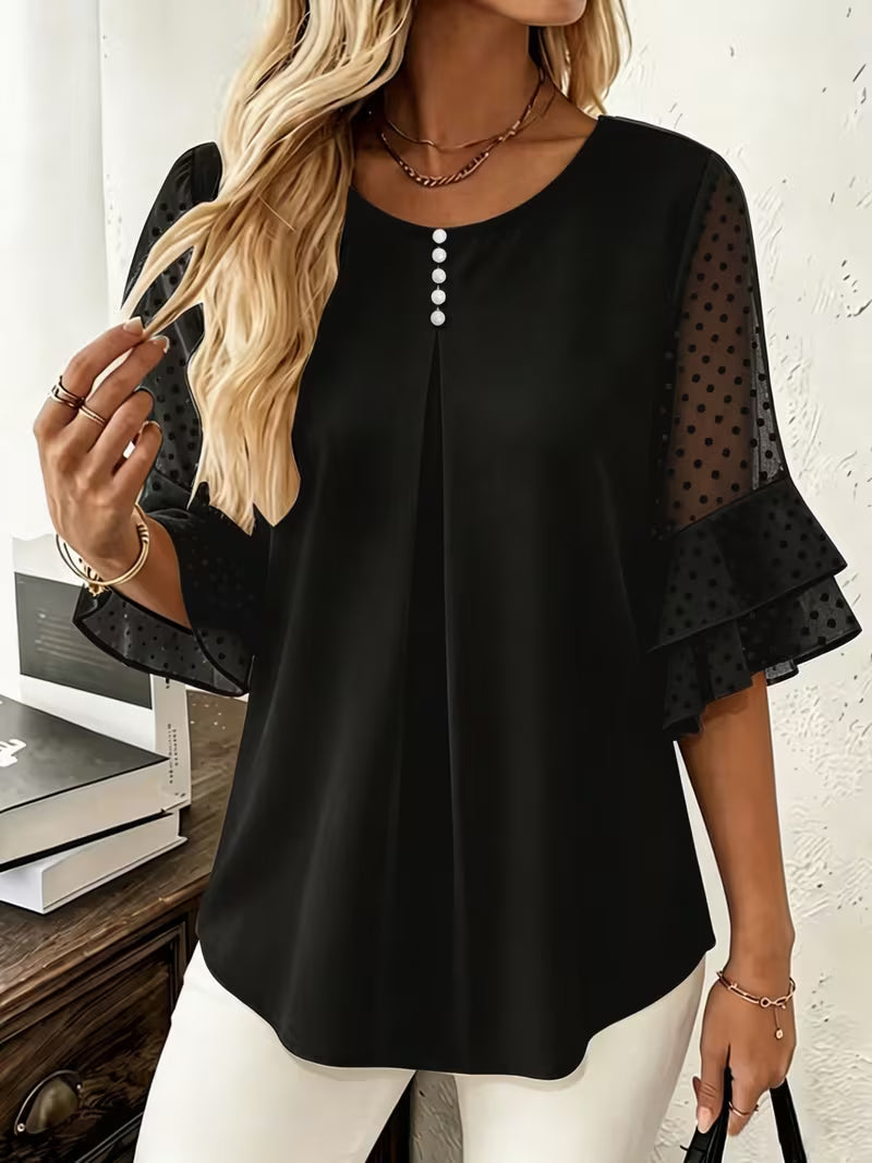 Hurley – Bluză cu Guler Rotund și Mâneci Transparente cu Volane