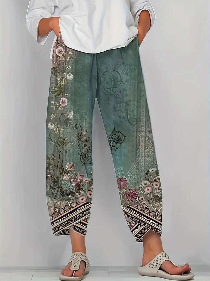 Thimasha - Pantaloni Capri cu Imprimeu Floral Vintage și Talie Elastică