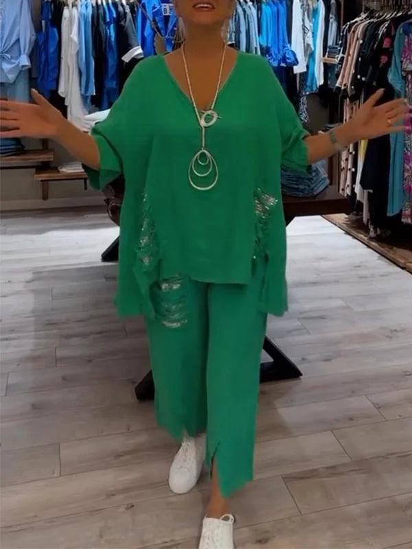 Himashi - Costum Elegant Din Două Piese Din Bumbac și In Cu Decolteu în V