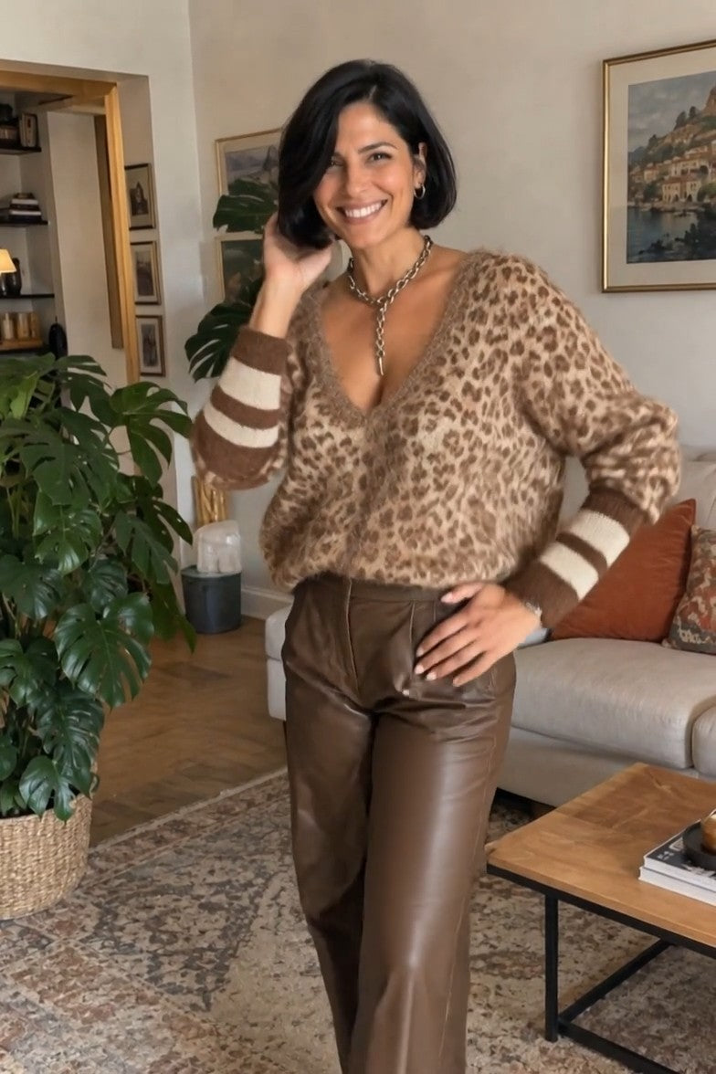 Zelinna – Pulover Cu Guler În V Și Imprimeu Leopard