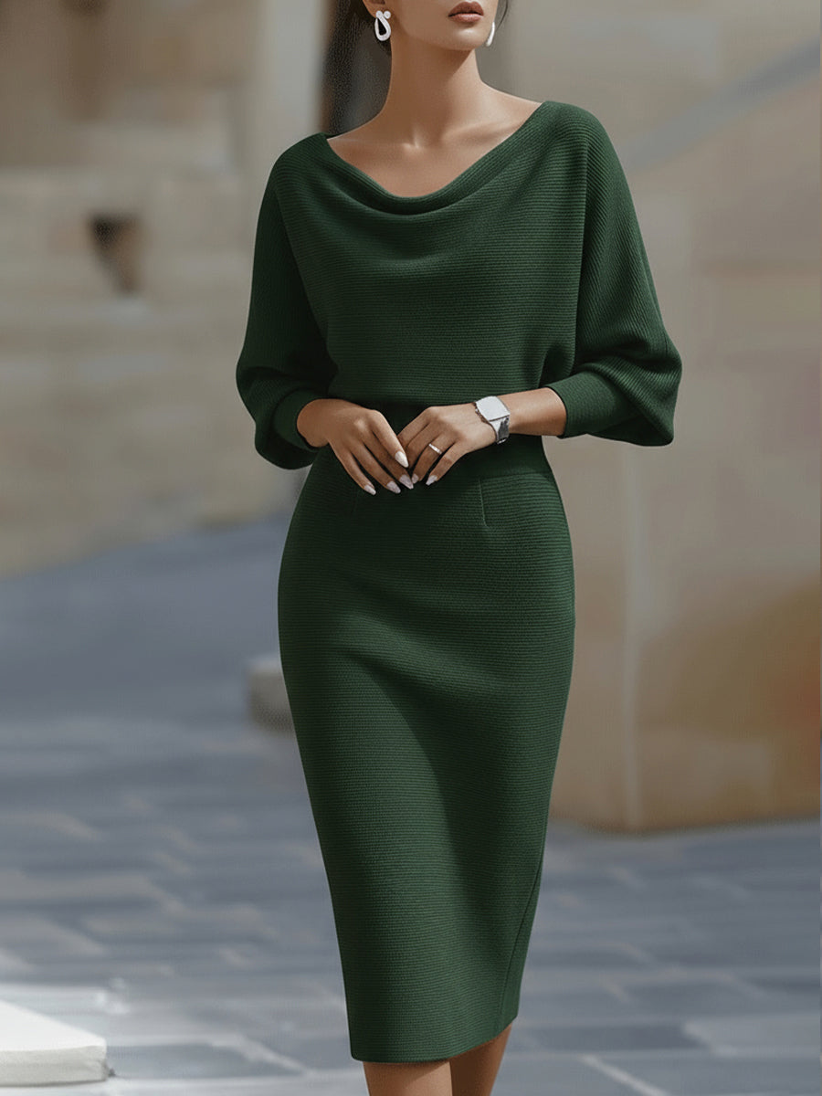 Amyy - Rochie Midi Elegantă Cu Mâneci Lungi