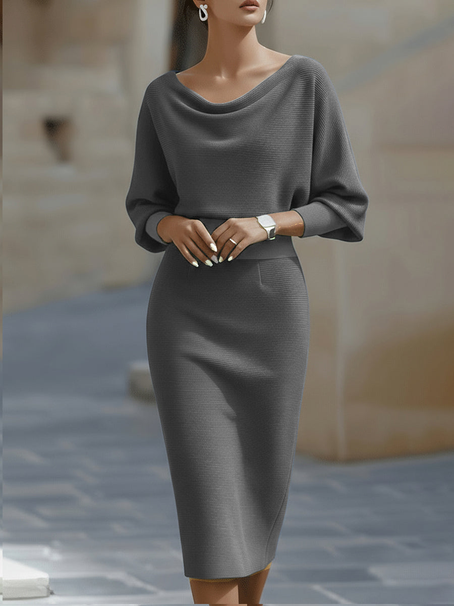Amyy - Rochie Midi Elegantă Cu Mâneci Lungi
