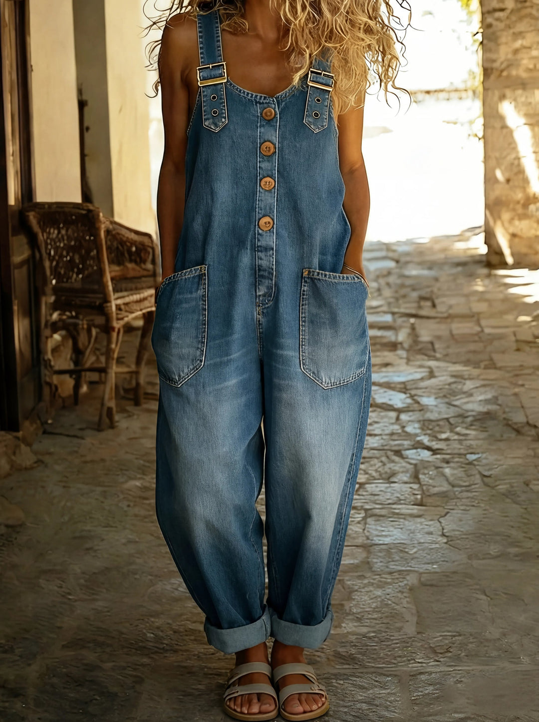 Chamodi - Salopetă casual din Denim cu Curele Reglabile cu Cataramă