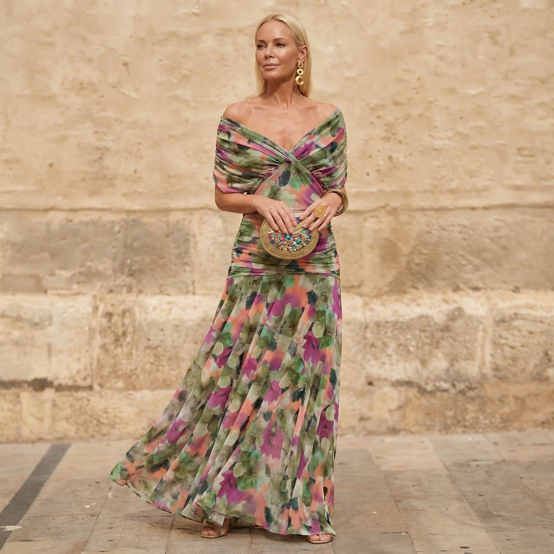 Nelyssa - Rochie Maxi cu Imprimeu Floral și Umeri Descoperiți