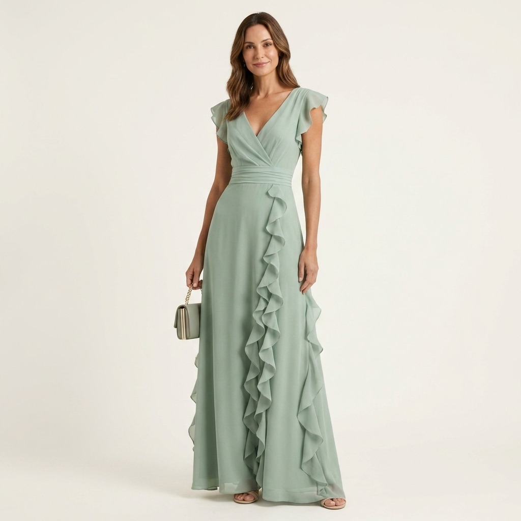 Nellyana - Rochie Lungă Casual Cu Decolteu În V, Mâneci Fluturate Și Volane