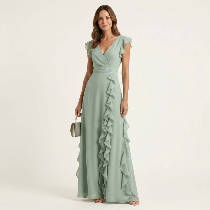 Nellyana - Rochie Lungă Casual Cu Decolteu În V, Mâneci Fluturate Și Volane