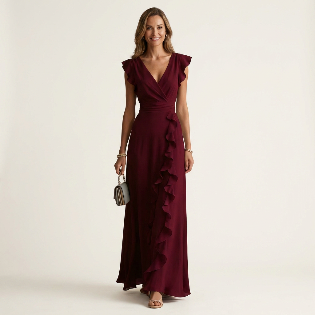 Nellyana - Rochie Lungă Casual Cu Decolteu În V, Mâneci Fluturate Și Volane
