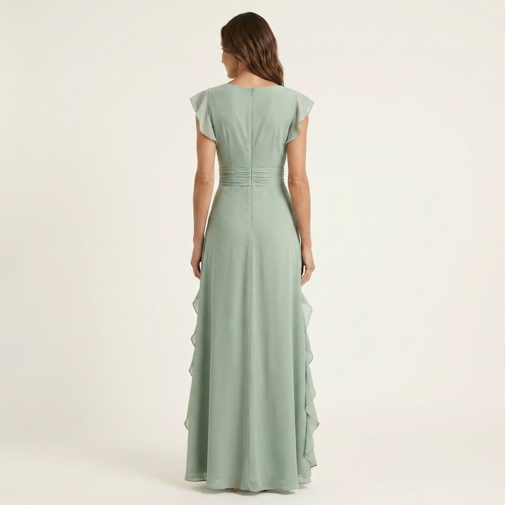 Nellyana - Rochie Lungă Casual Cu Decolteu În V, Mâneci Fluturate Și Volane
