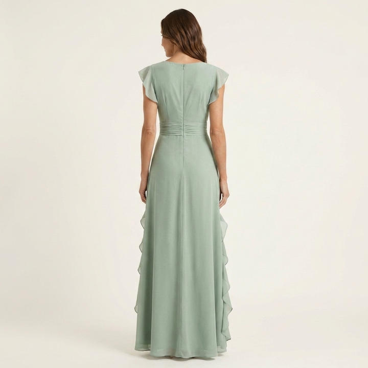 Nellyana - Rochie Lungă Casual Cu Decolteu În V, Mâneci Fluturate Și Volane