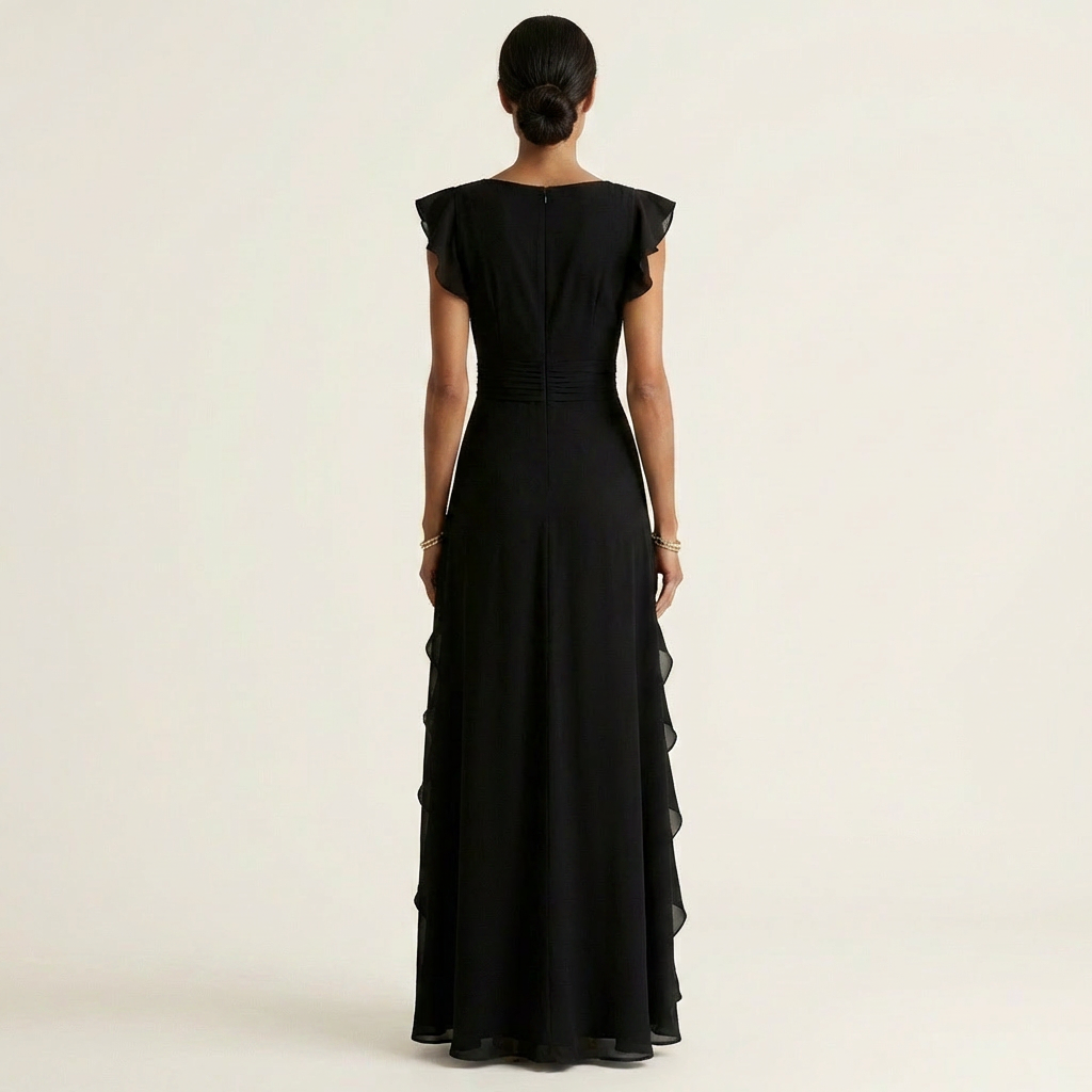 Nellyana - Rochie Lungă Casual Cu Decolteu În V, Mâneci Fluturate Și Volane