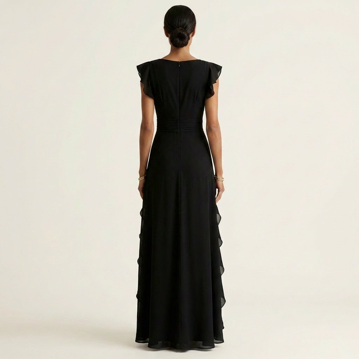 Nellyana - Rochie Lungă Casual Cu Decolteu În V, Mâneci Fluturate Și Volane