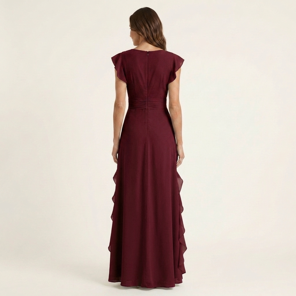Nellyana - Rochie Lungă Casual Cu Decolteu În V, Mâneci Fluturate Și Volane