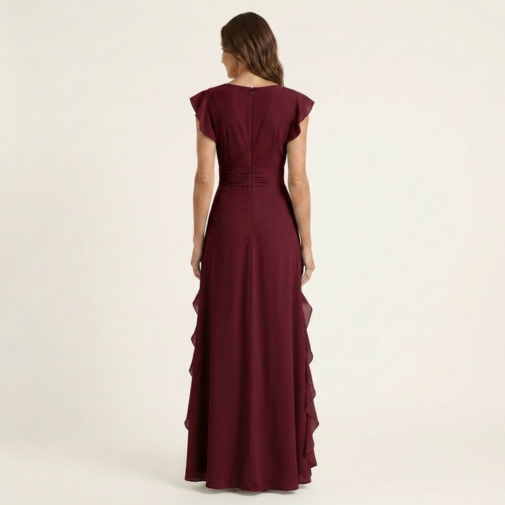 Nellyana - Rochie Lungă Casual Cu Decolteu În V, Mâneci Fluturate Și Volane
