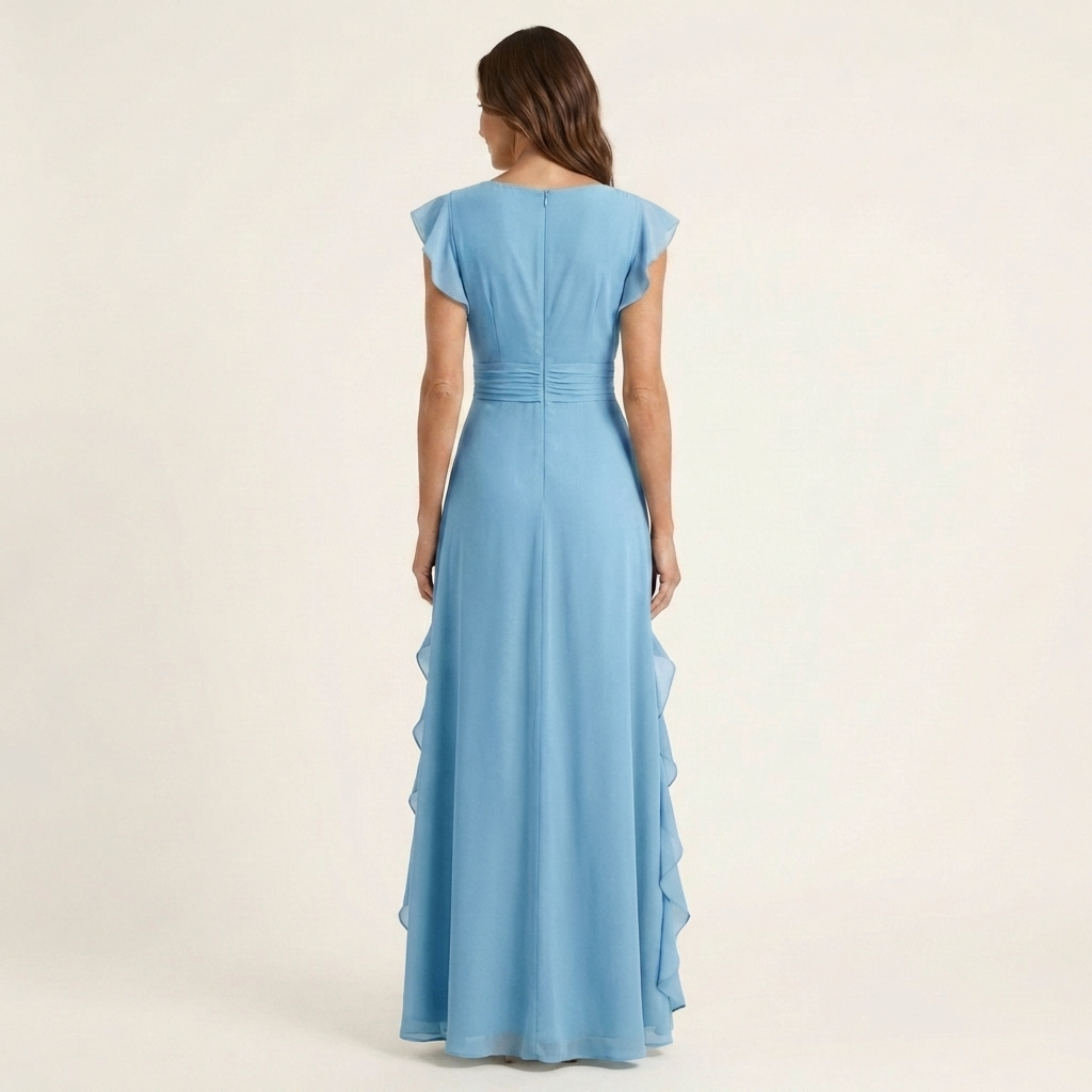 Nellyana - Rochie Lungă Casual Cu Decolteu În V, Mâneci Fluturate Și Volane