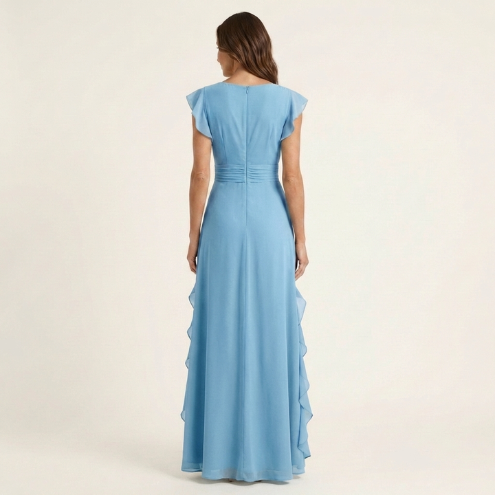 Nellyana - Rochie Lungă Casual Cu Decolteu În V, Mâneci Fluturate Și Volane