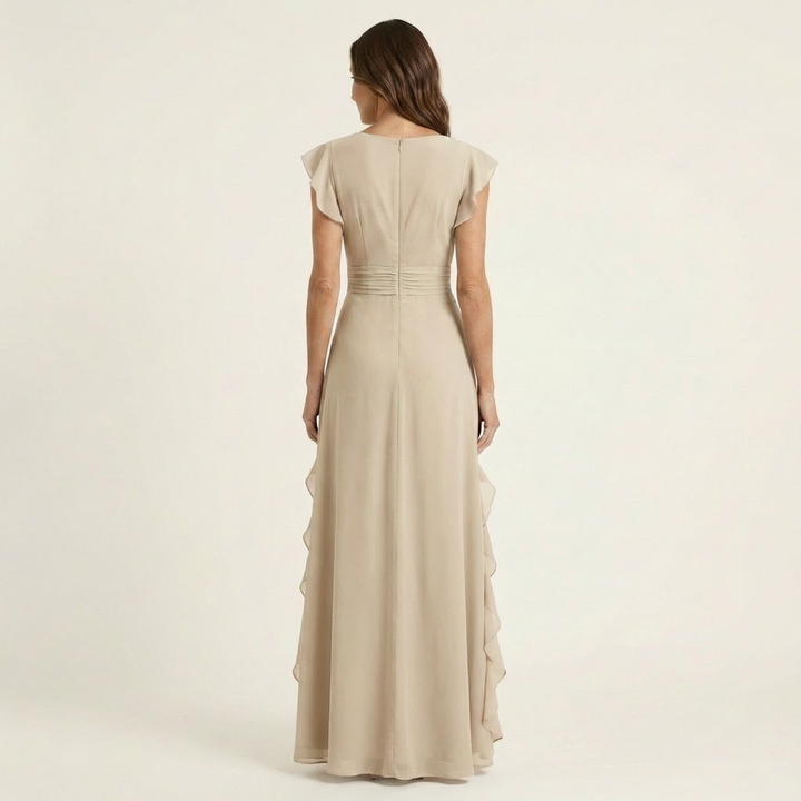 Nellyana - Rochie Lungă Casual Cu Decolteu În V, Mâneci Fluturate Și Volane