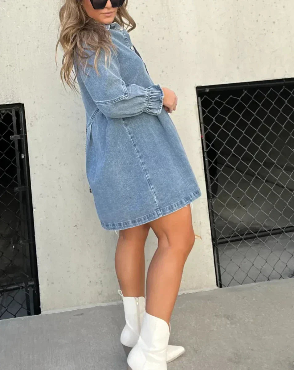 Cäcilia - Rochie Cămașă Din Denim Cu Mâneci Lungi