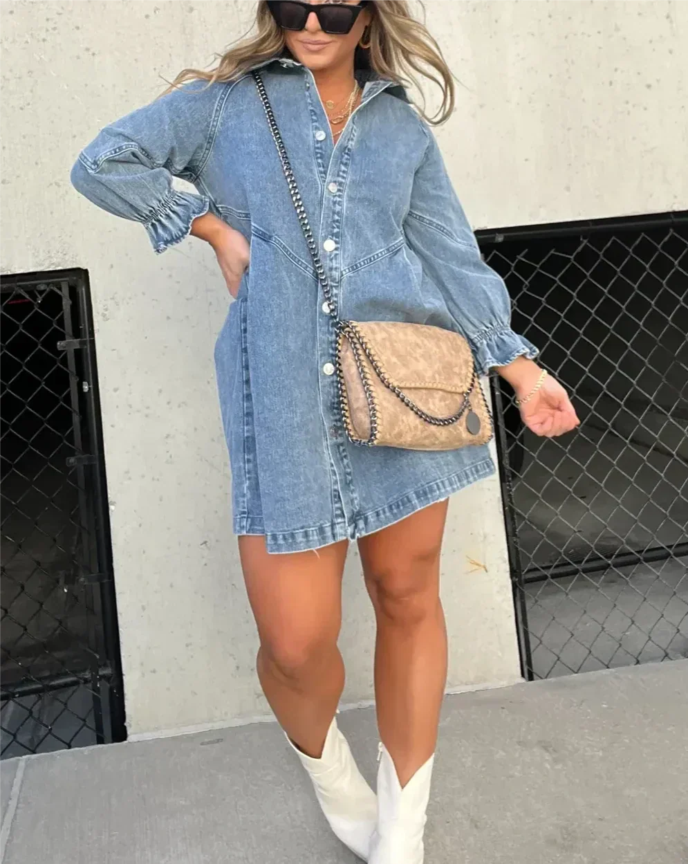 Cäcilia - Rochie Cămașă Din Denim Cu Mâneci Lungi