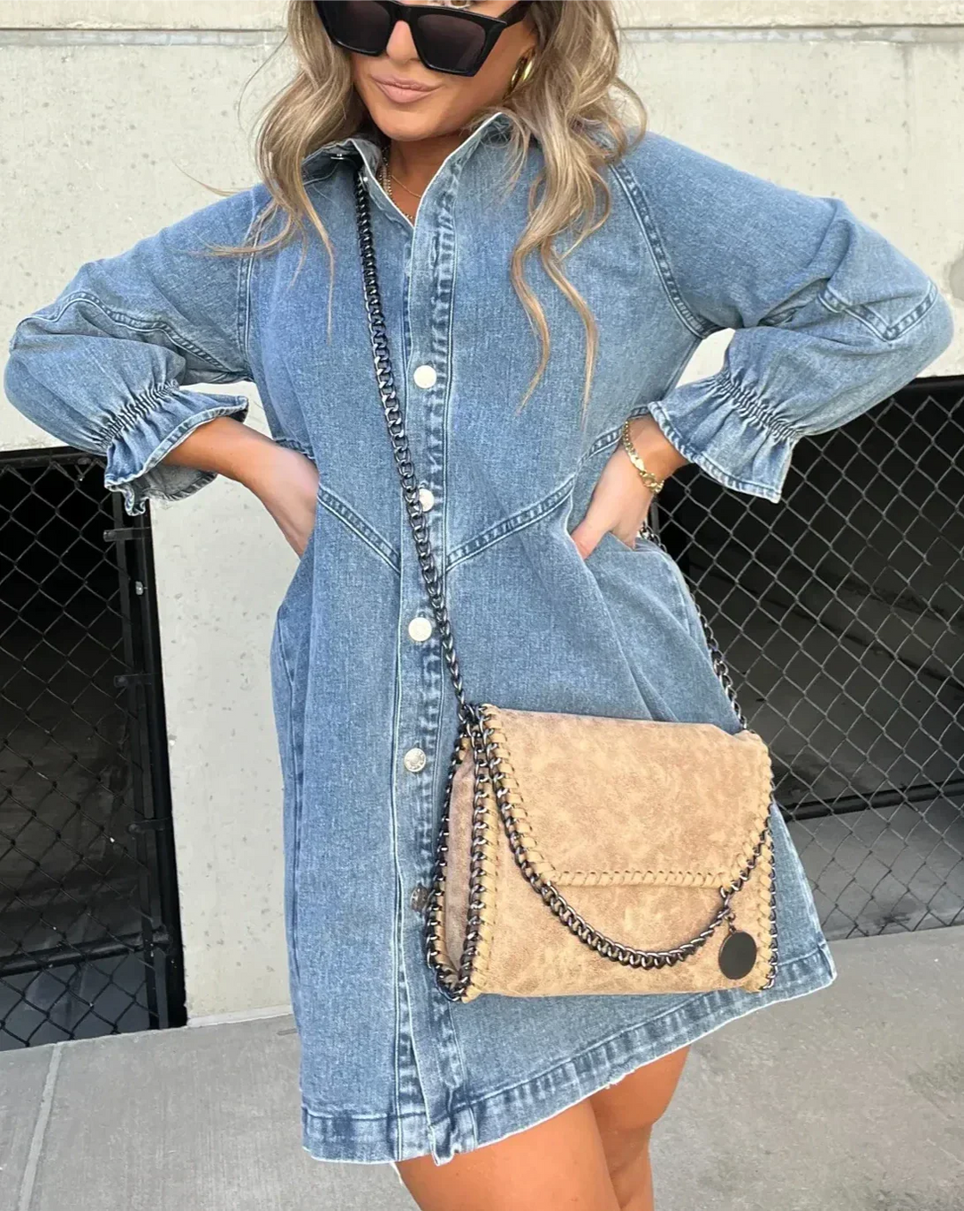 Cäcilia - Rochie Cămașă Din Denim Cu Mâneci Lungi