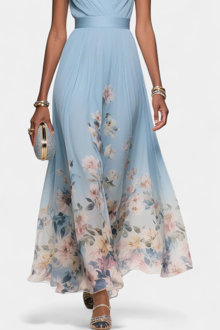 Saulina - Rochie Maxi Fără Mâneci, Cu Imprimeu Floral