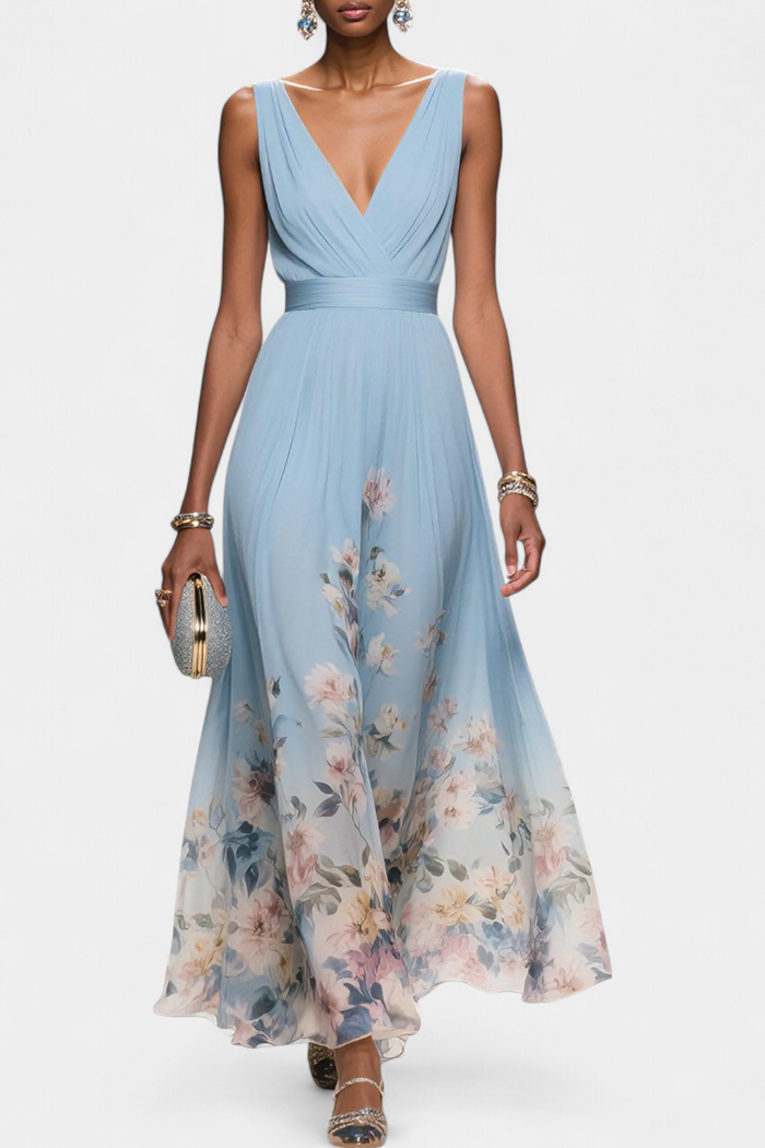 Saulina - Rochie Maxi Fără Mâneci, Cu Imprimeu Floral