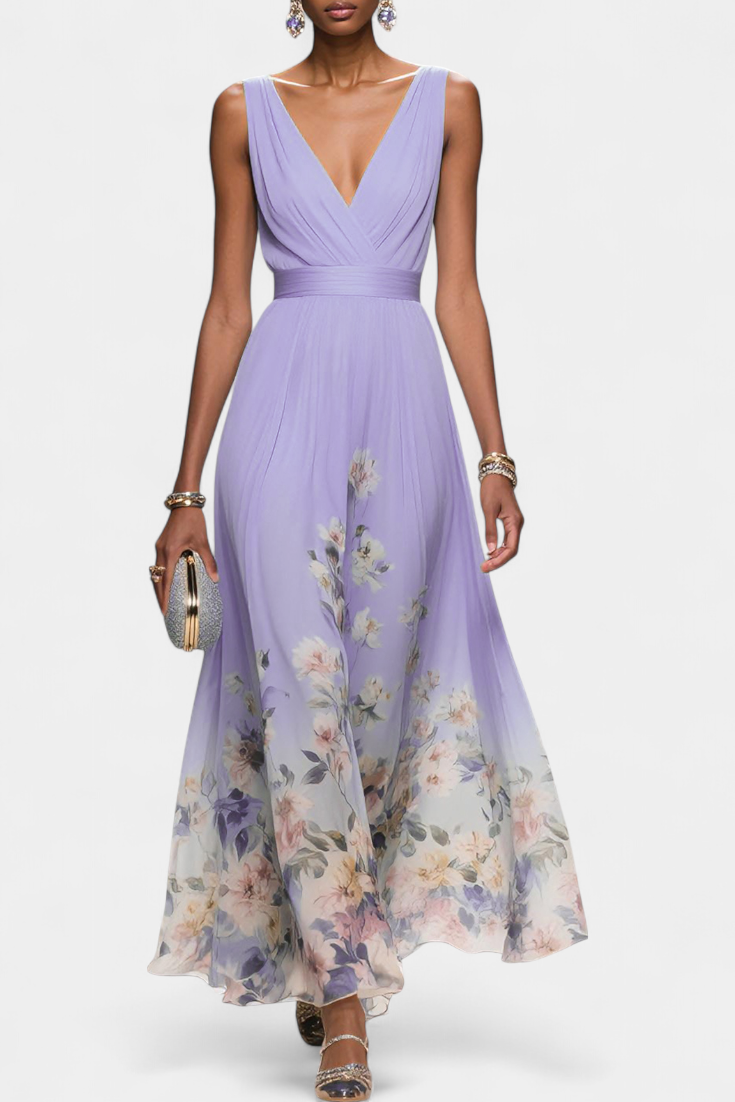 Saulina - Rochie Maxi Fără Mâneci, Cu Imprimeu Floral