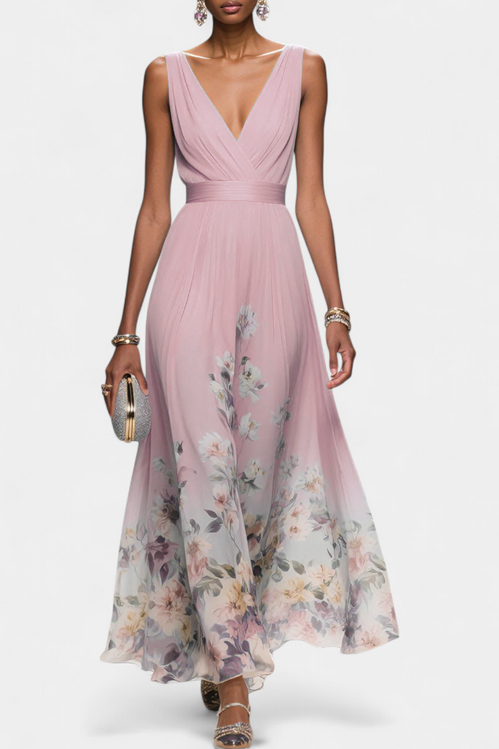 Saulina - Rochie Maxi Fără Mâneci, Cu Imprimeu Floral