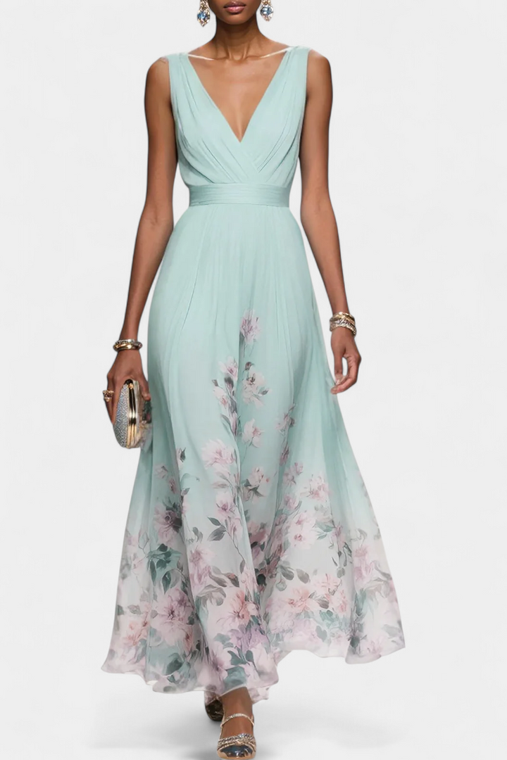 Saulina - Rochie Maxi Fără Mâneci, Cu Imprimeu Floral