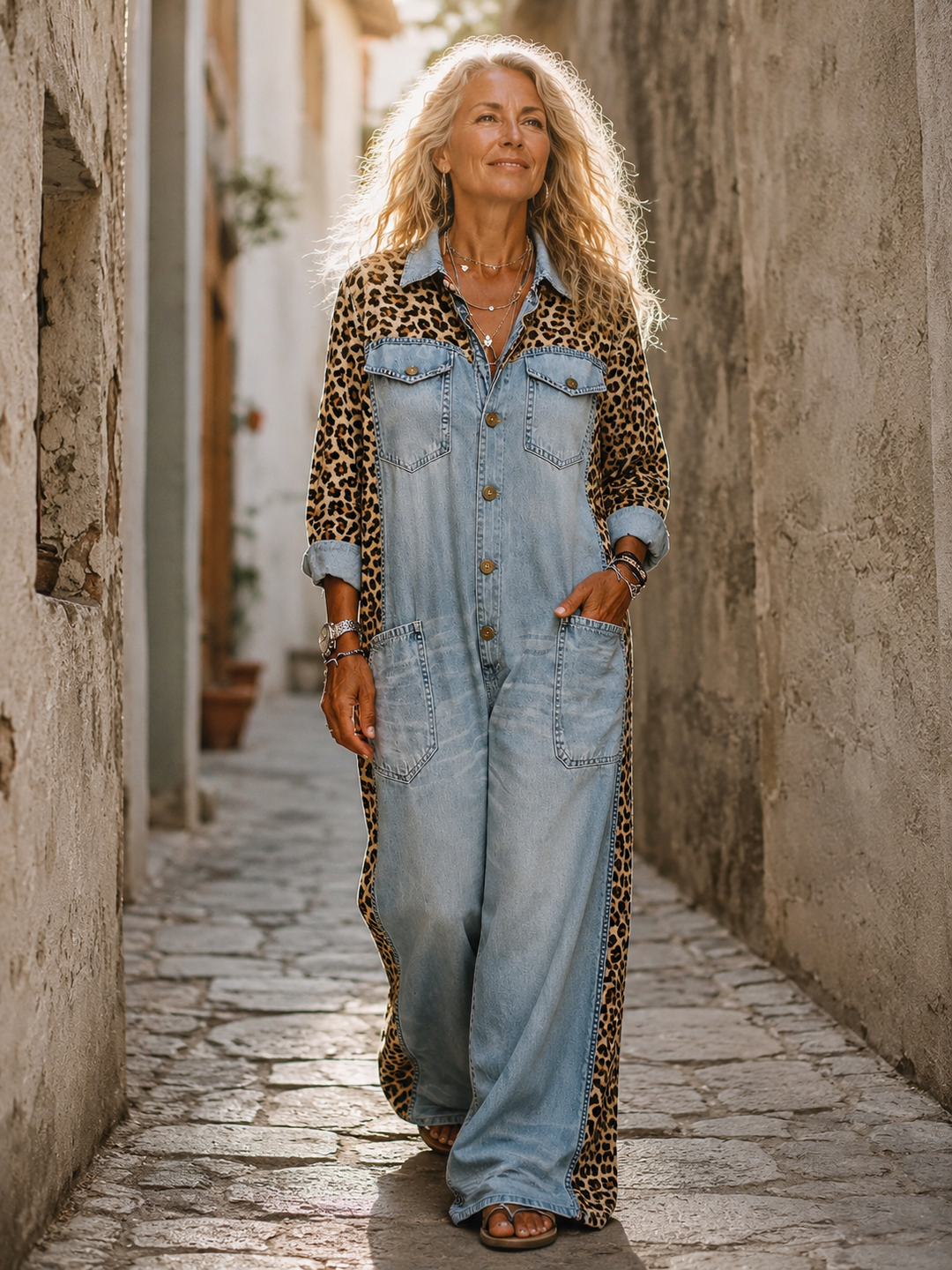 Yasmeen - Salopetă Ușoară Din Denim Cu Imprimeu Leopard