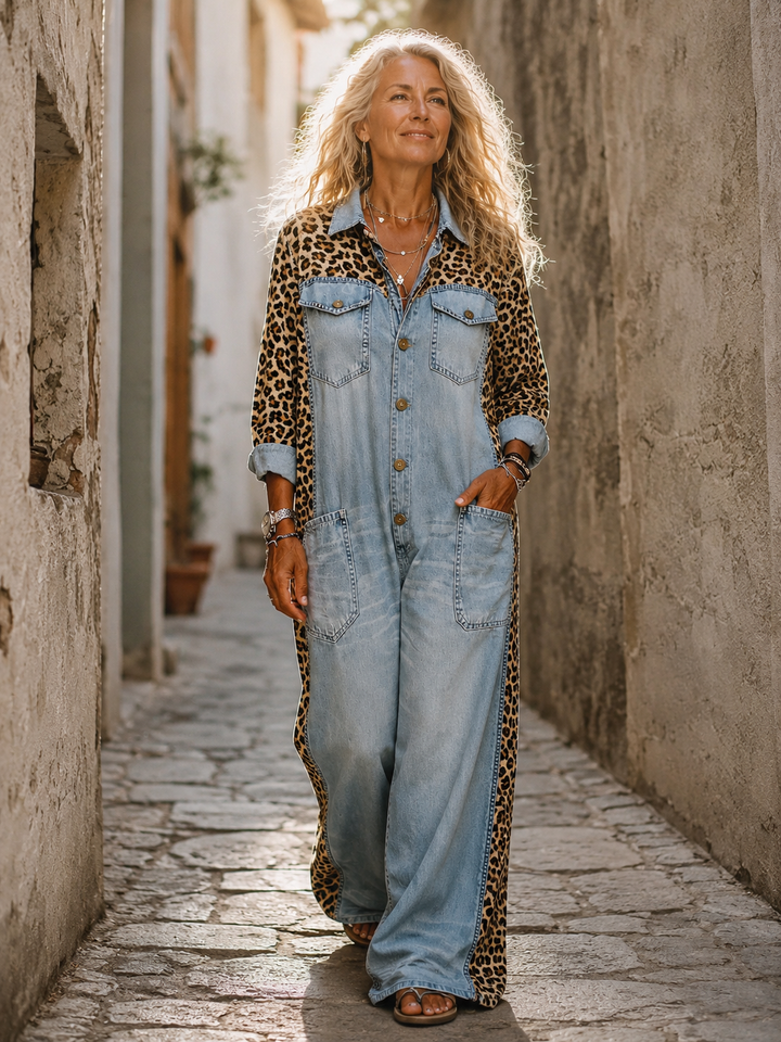 Yasmeen - Salopetă Ușoară Din Denim Cu Imprimeu Leopard