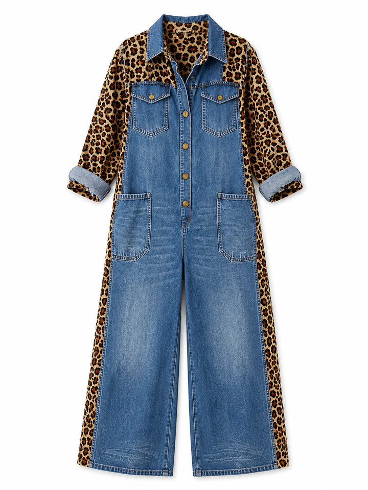 Yasmeen - Salopetă Ușoară Din Denim Cu Imprimeu Leopard