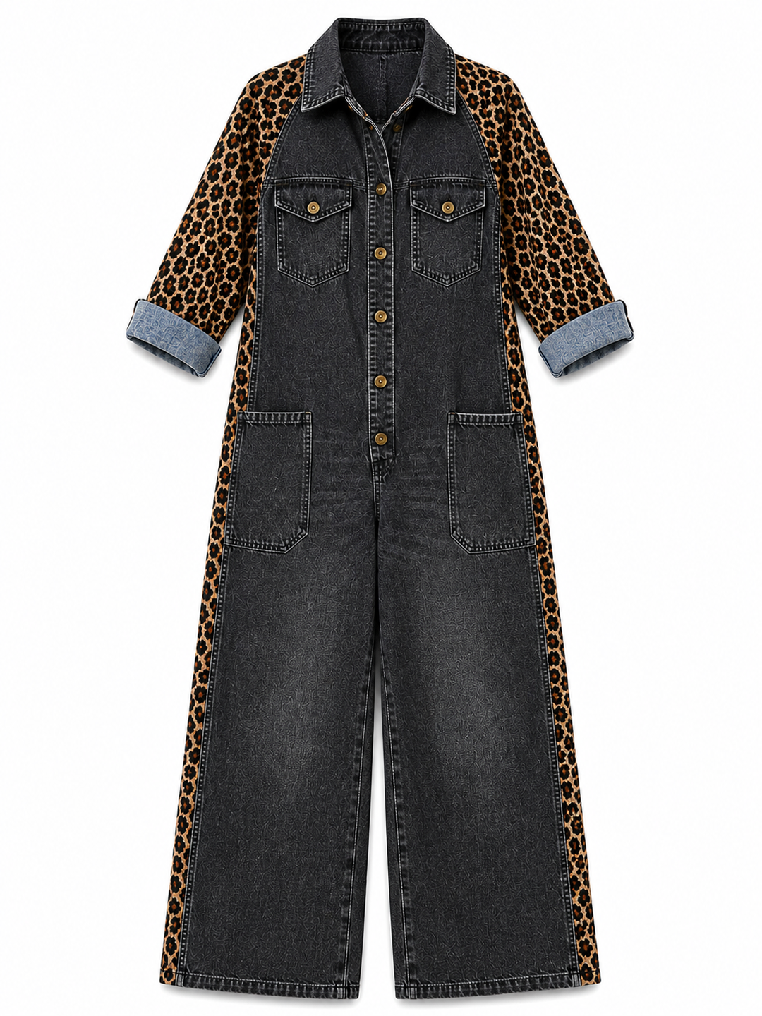 Yasmeen - Salopetă Ușoară Din Denim Cu Imprimeu Leopard