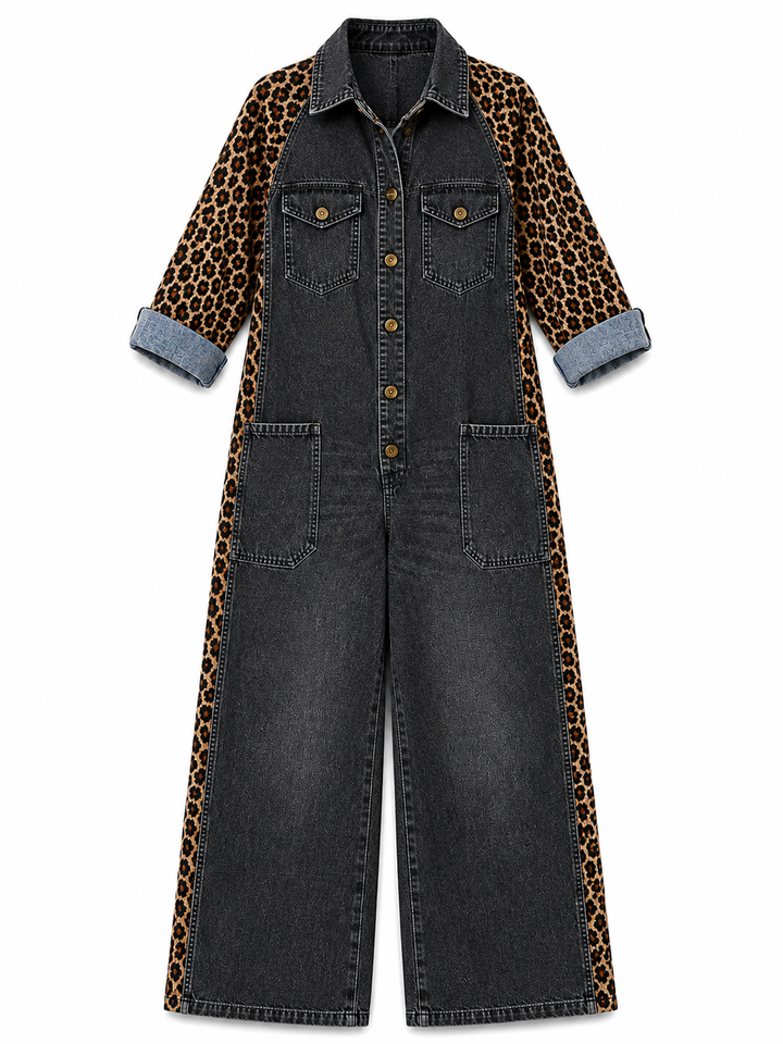 Yasmeen - Salopetă Ușoară Din Denim Cu Imprimeu Leopard
