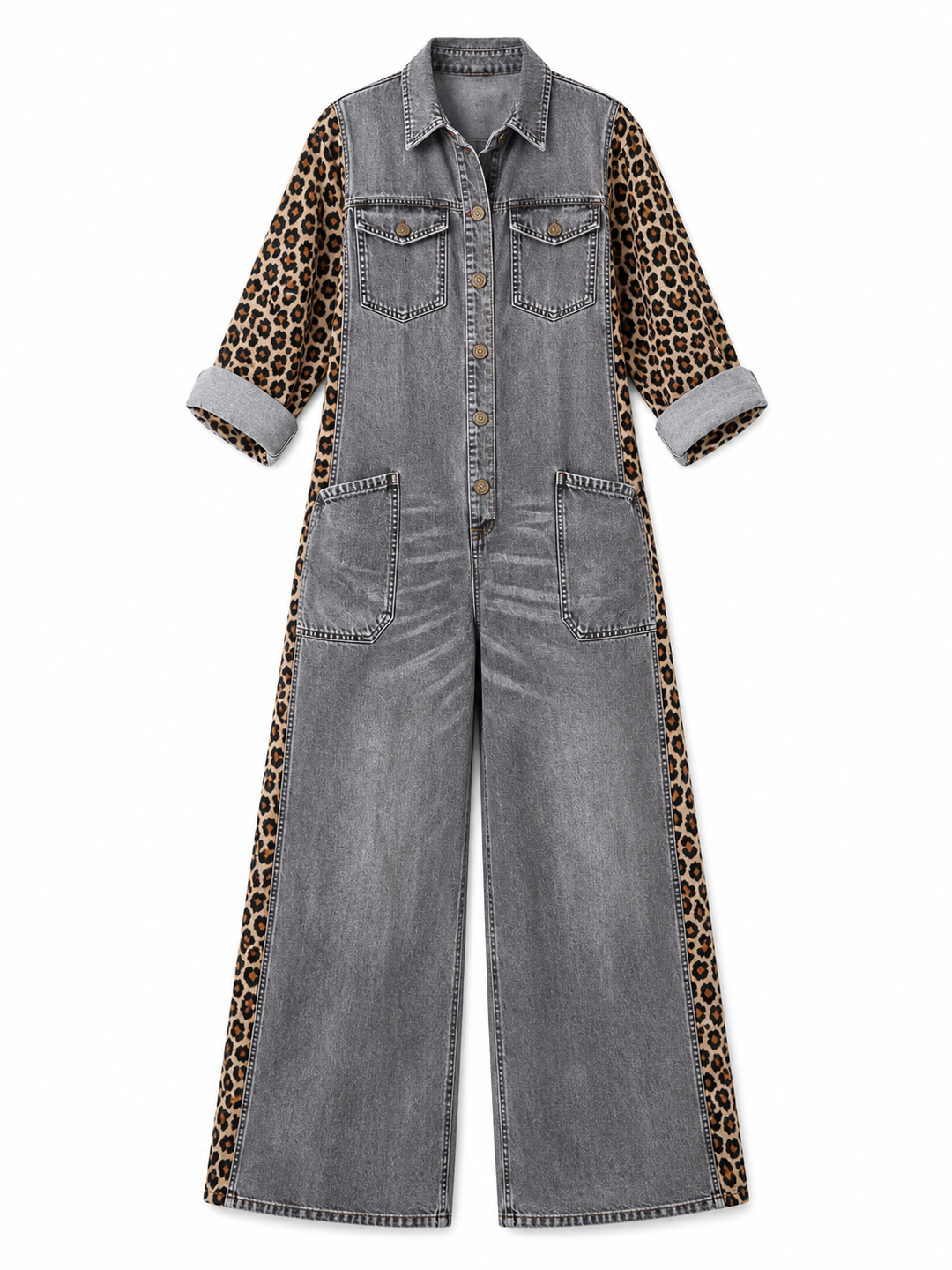 Yasmeen - Salopetă Ușoară Din Denim Cu Imprimeu Leopard