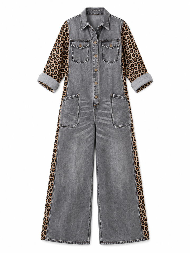 Yasmeen - Salopetă Ușoară Din Denim Cu Imprimeu Leopard