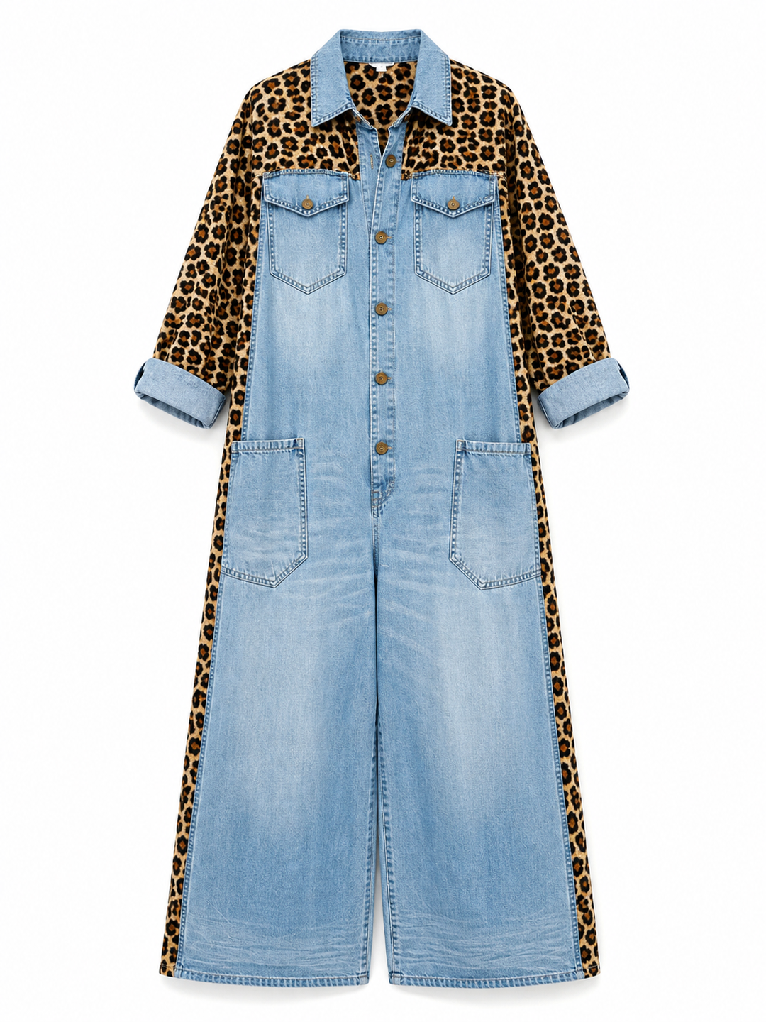 Yasmeen - Salopetă Ușoară Din Denim Cu Imprimeu Leopard