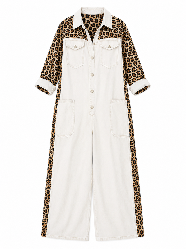 Yasmeen - Salopetă Ușoară Din Denim Cu Imprimeu Leopard