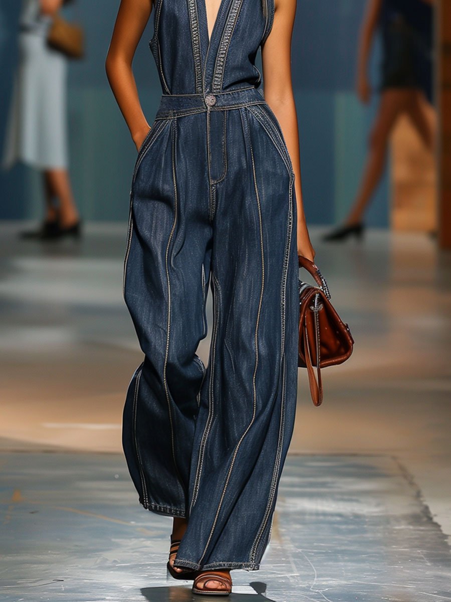 Kaelina - Salopetă Retro Din Denim, Fără Mâneci