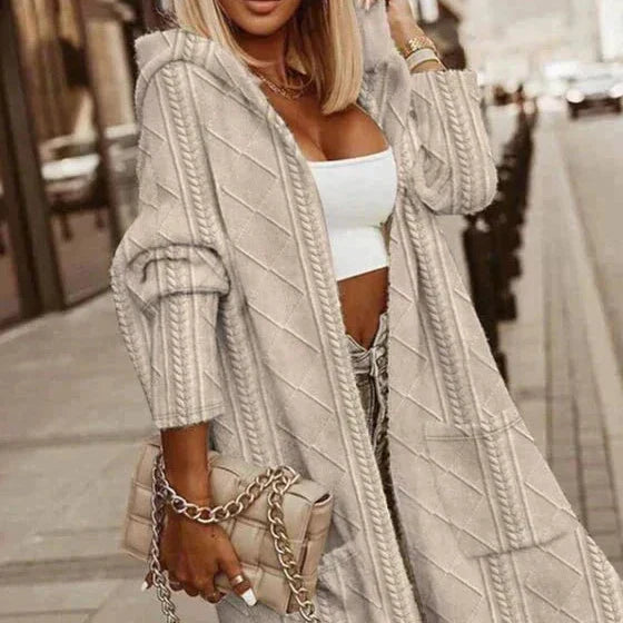 Cytheria - Cardigan Cu Glugă, Tricotat Cu Model Lung Si Cabluri
