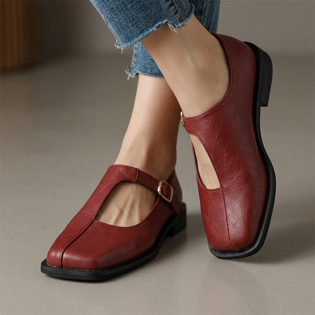 Eniolaa - Vintage Buckle Strap Square Toe Shoes